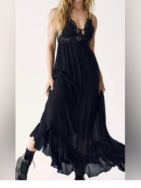 Free People Black Lace Bodice Maxi with Crisscross Straps
